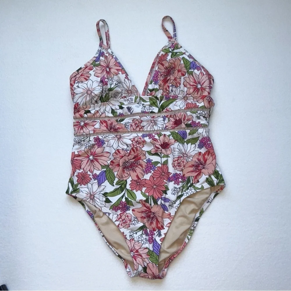 Kona Sol women’s ladder trim One Piece swimsuit multi color floral size LARGE